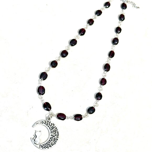 Genuine Garnet Short Necklace, Natural Gemstone w/ Cat on the Moon Pendant - Picture 12 of 15